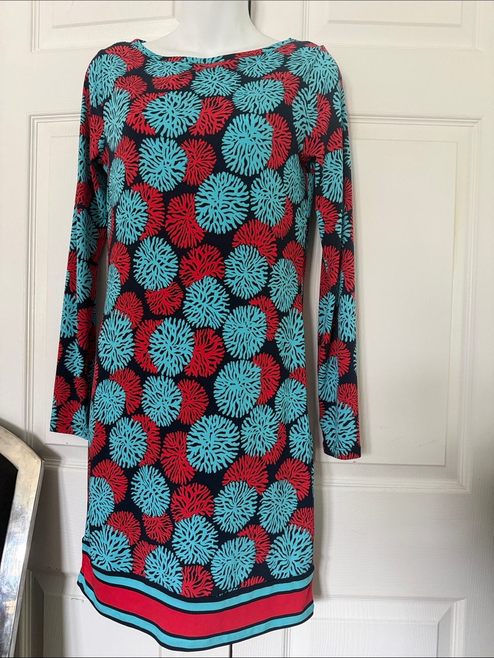 Michael Kors Black Shift Dress with Turquoise & Red Floral Medallions